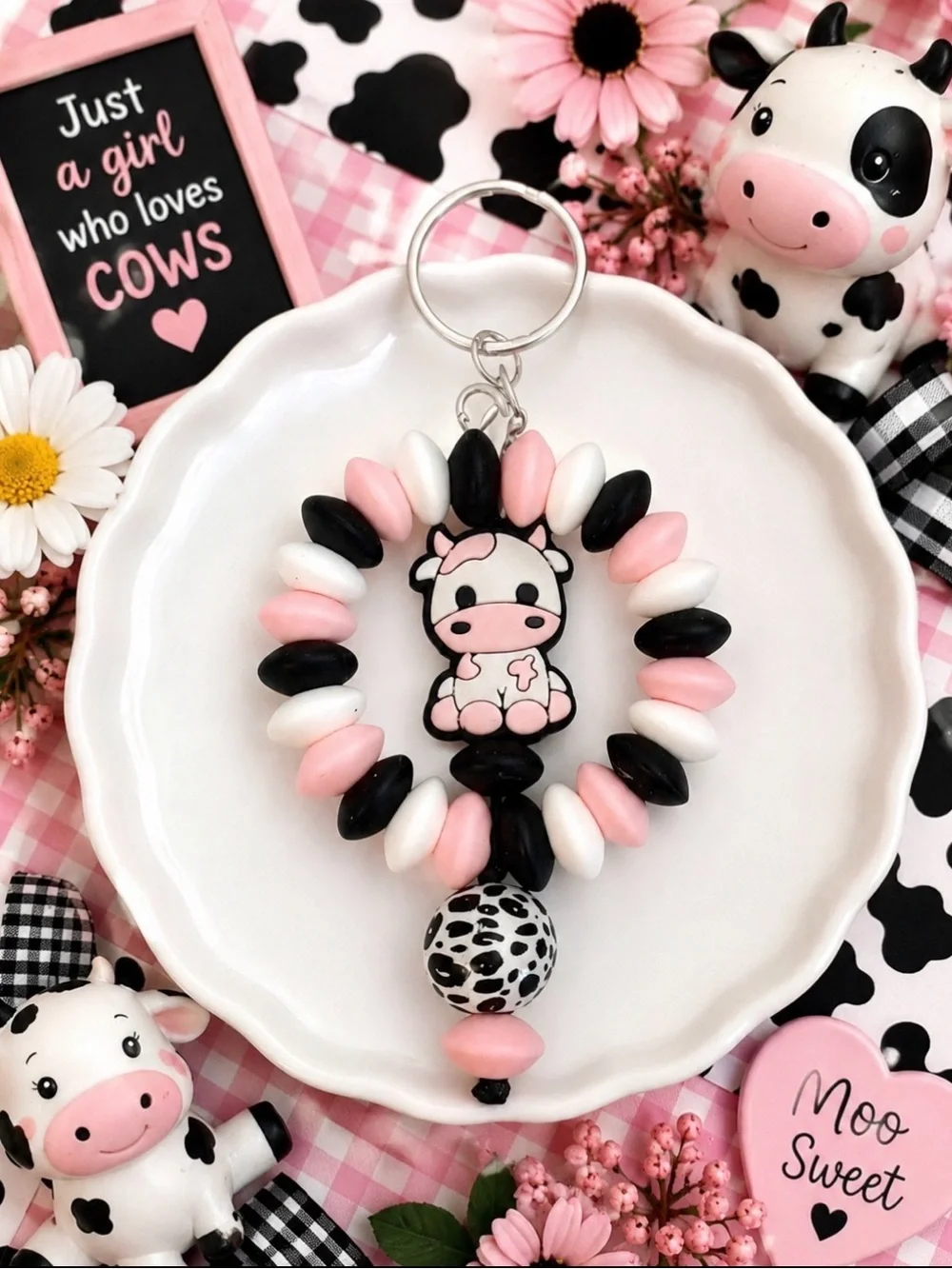 Hand Crafted Pink, White & Black Cow Beaded Keychain